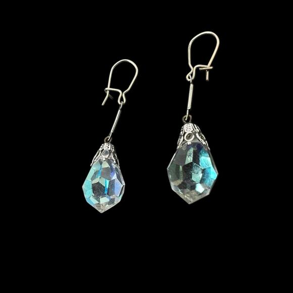 Iridescent Dangle Earrings Faceted Glass Pierced Drop Silver Tone Wire Hook - Picture 1 of 10